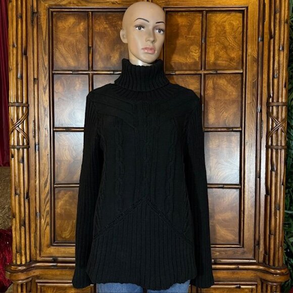 NWOT Jones New York Black Cable Knit Ribbed Turtleneck Cotton Blend Sweater - Picture 1 of 10